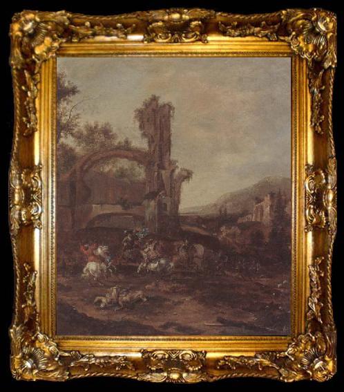 framed  unknow artist An architectural capriccio with a cavalry engagement,a landscape beyond, ta009-2